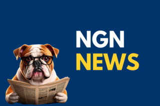 A bulldog wearing glasses reading a newspaper with the words NGN News