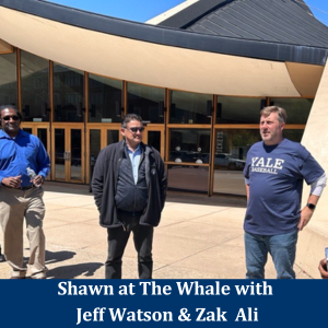 Shawn and two other NGN team members standing in front of the Whale, a Yale Campus building